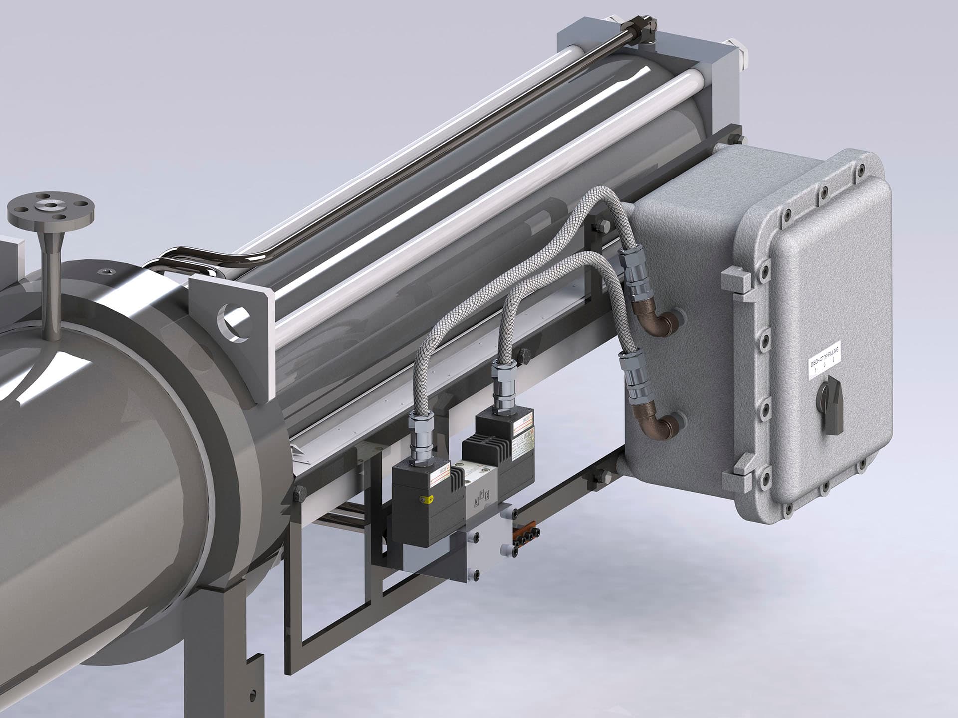 3D rendering of a cylinder fitted with position sensors and an electrical junction box