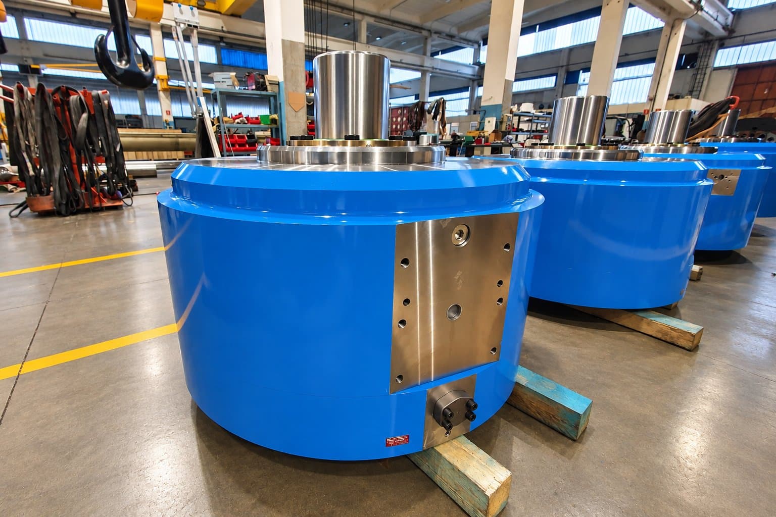 Blue capsule-type cylinders with side plates in a workshop