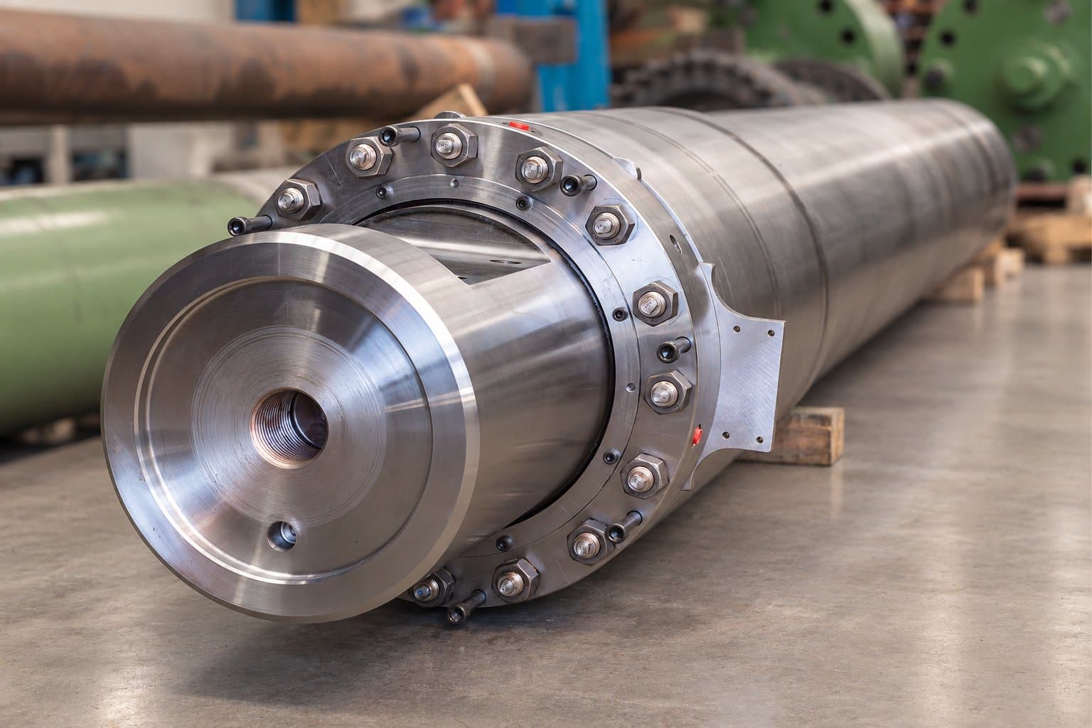 Large steel cylinder with a bolted flange cover in a workshop
