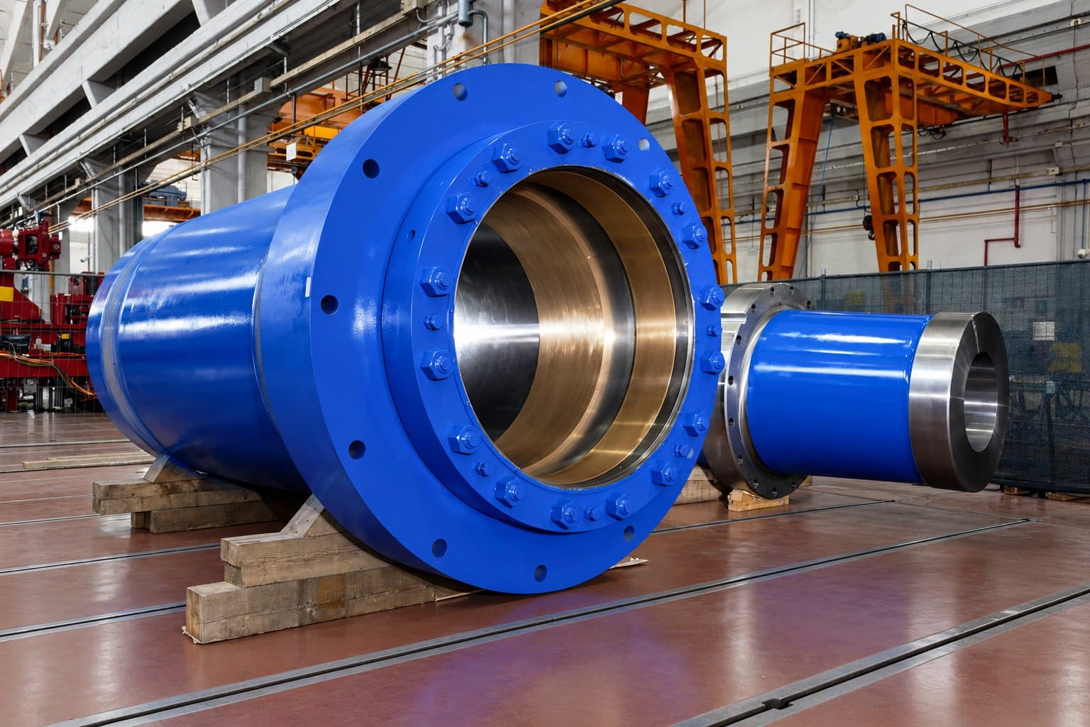 Blue large-bore cylinder with a bronze-lined bore and a rod beside it