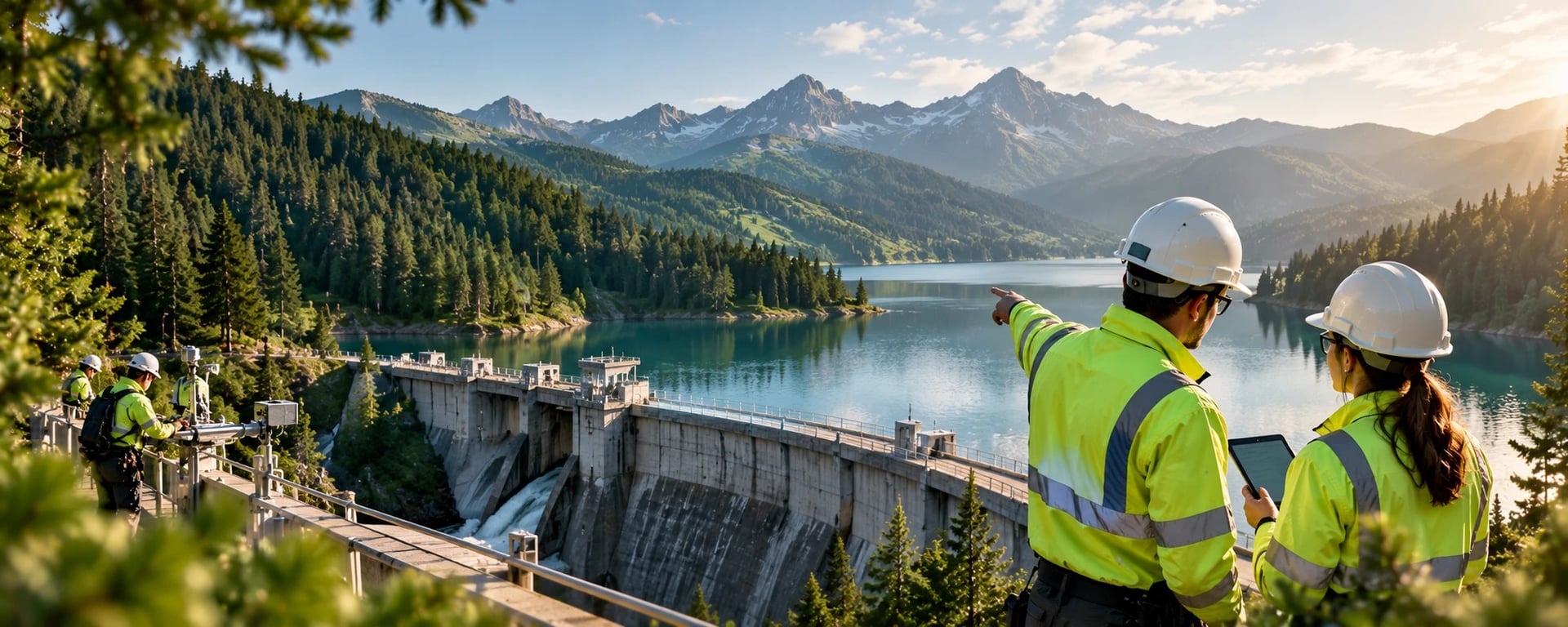 Two engineers in high-visibility jackets and hard hats look over a mountain lake and its dam, with a team at work on the walkway