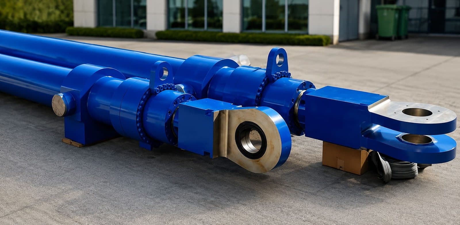 Long blue long-stroke cylinder with a rod eye, outdoors