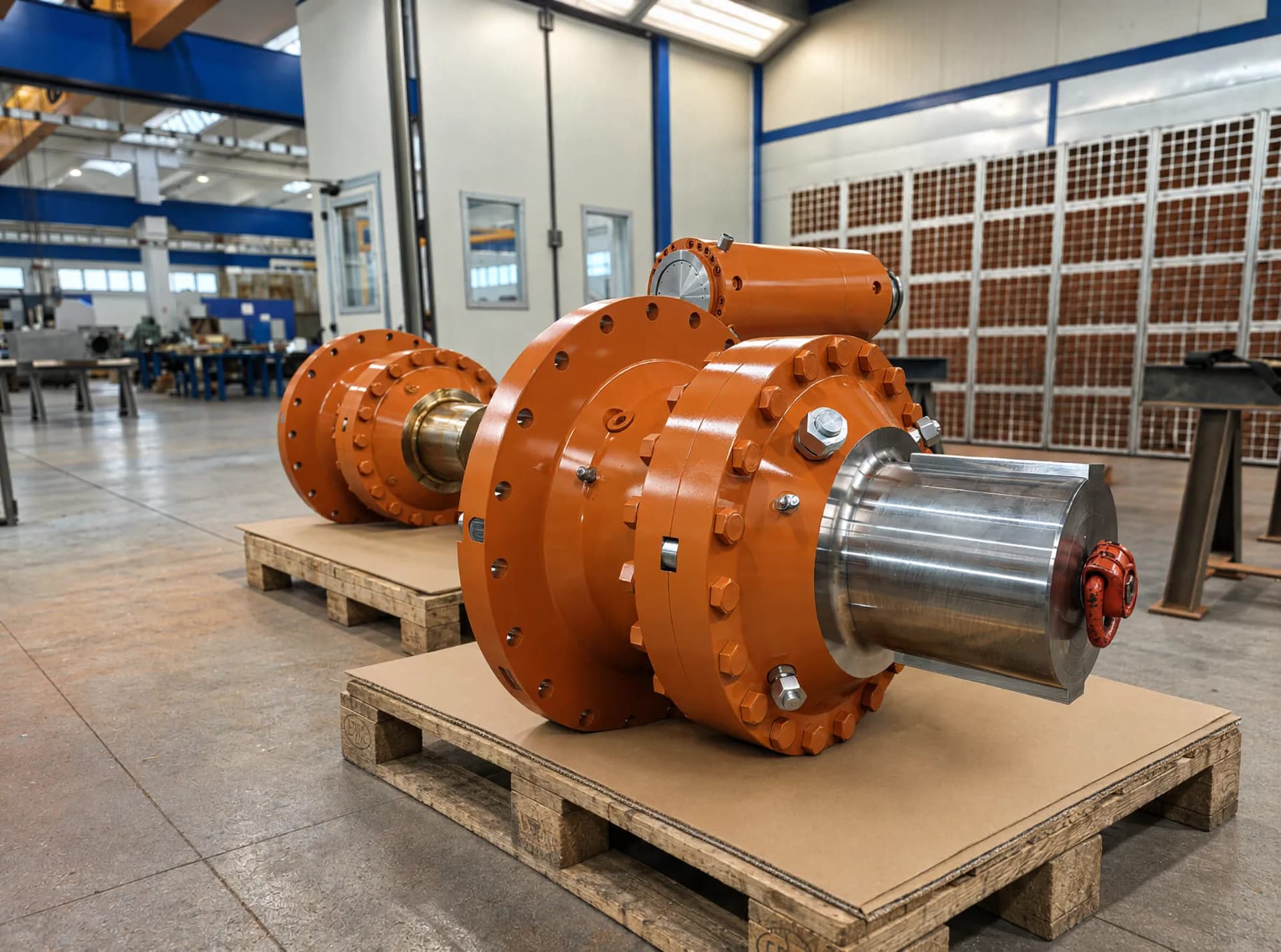 Orange hydraulic cylinders with large bolted flanges and steel rod, ready for shipping