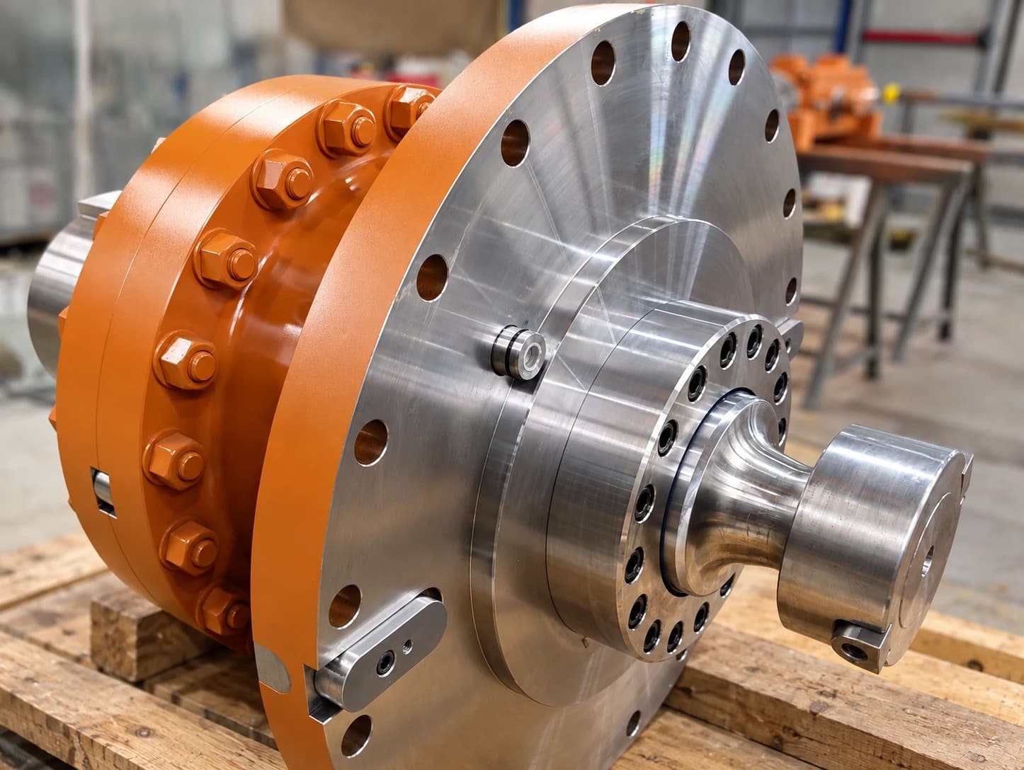 Orange hydraulic cylinder with a machined steel mounting flange and a ball end on the rod