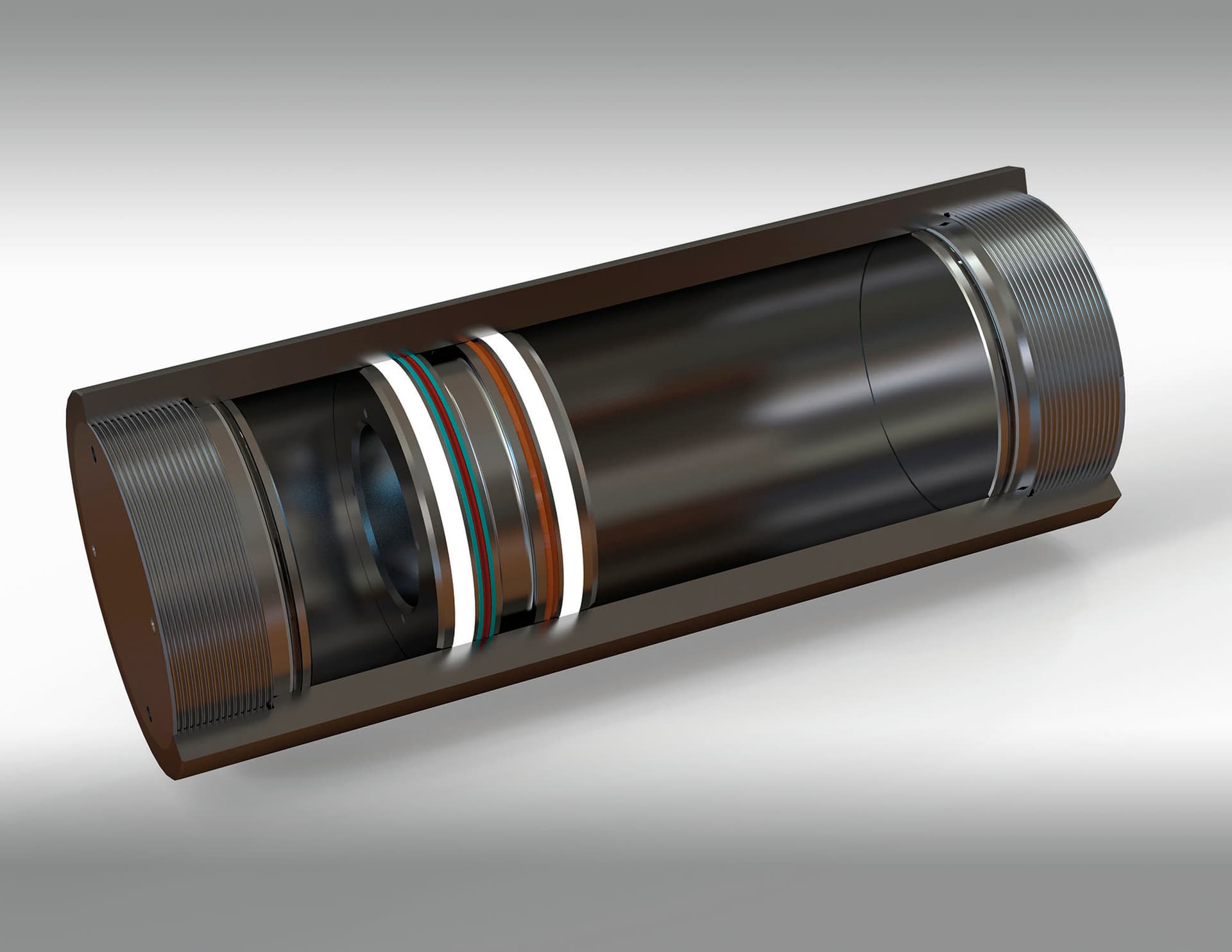 Coupe 3D d'un accumulateur à piston avec piston flottant et joints