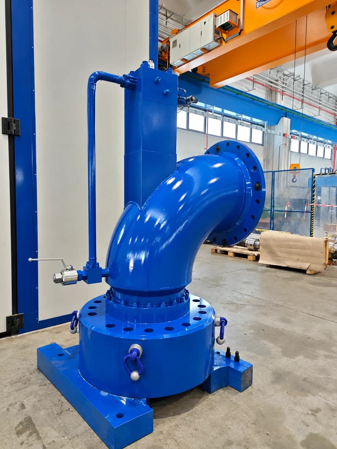 Blue prefill valve on its base in the workshop, with elbow tank pipe and pilot block