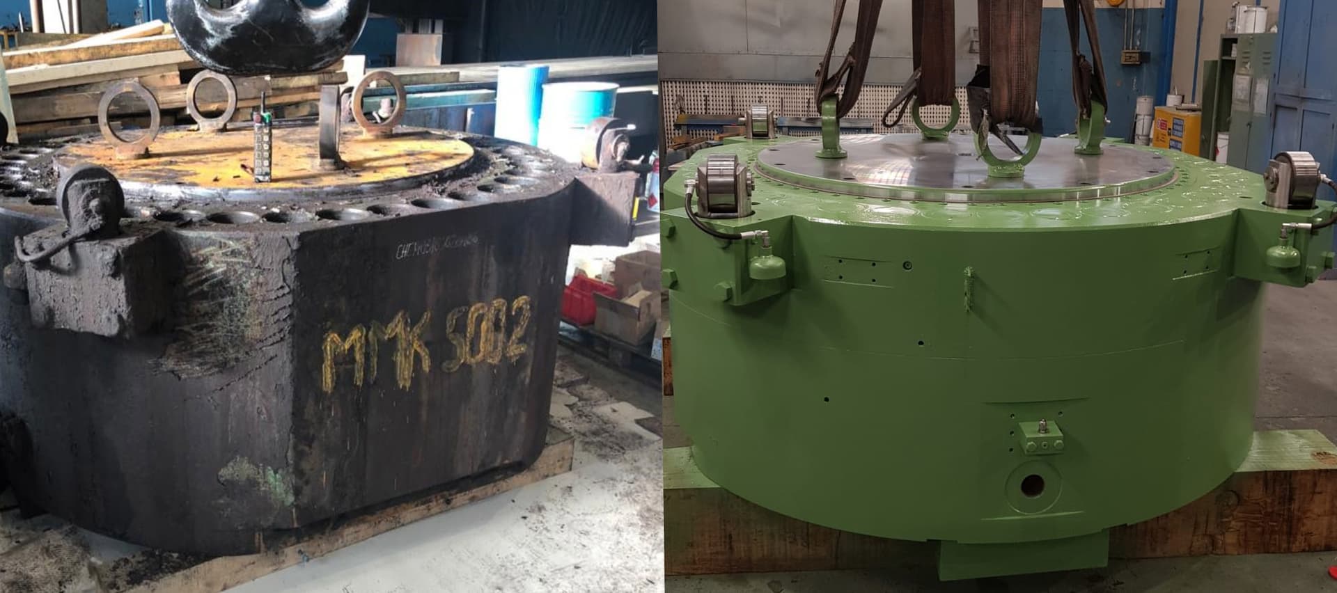 Deux vues d'un grand vérin : une pièce forgée noire marquée et le vérin vert terminé soulevé par des sangles