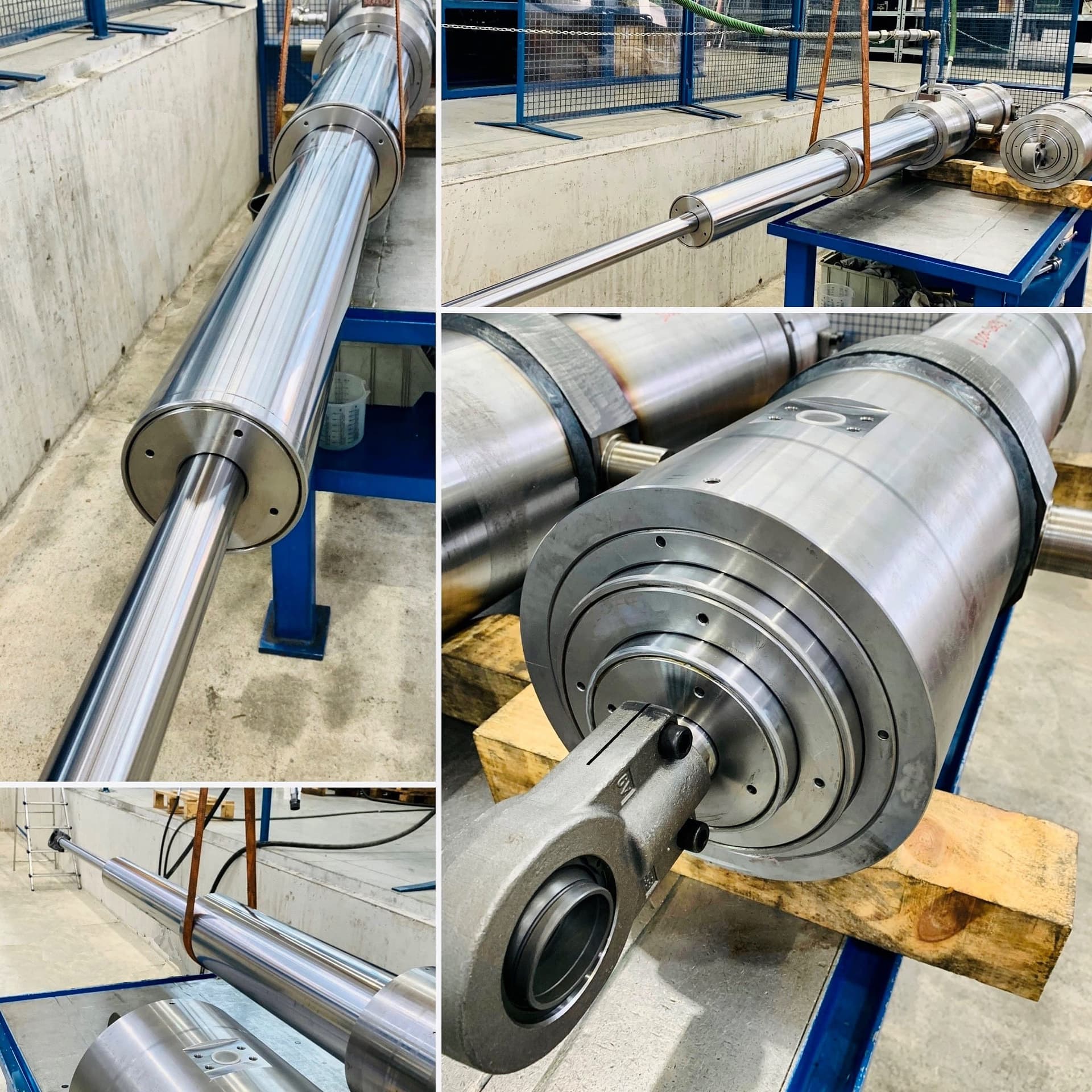 Collage of chrome rods and a telescopic cylinder end with a rod eye