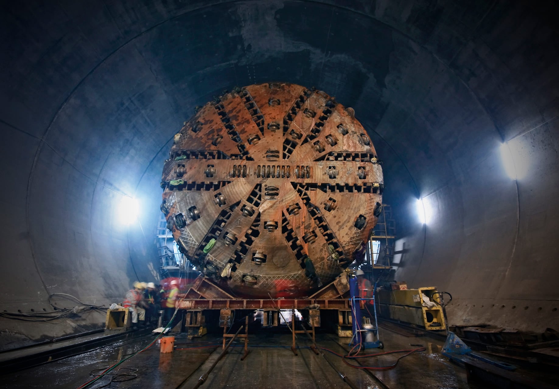 Tunnel boring machine cutter head inside a tunnel