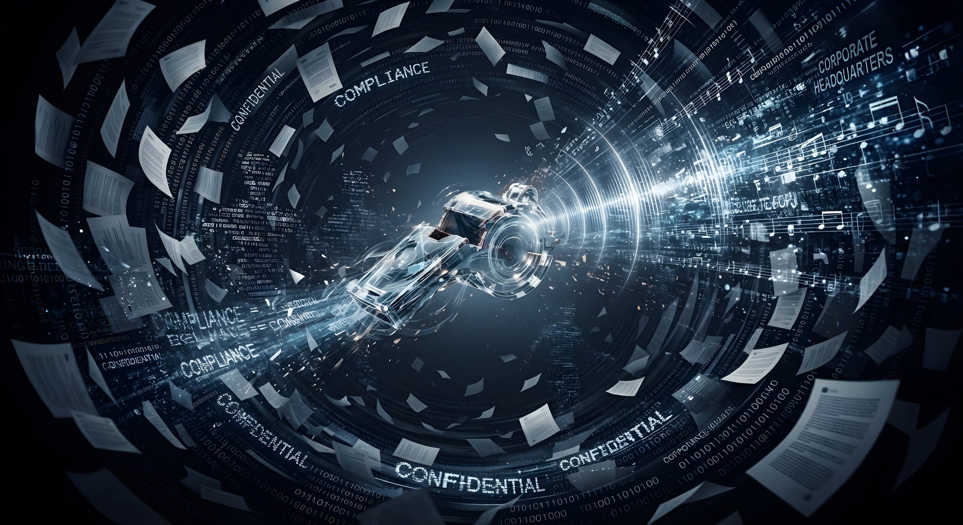Illustration of a whistle surrounded by swirling confidential documents, binary code and the words compliance and confidential